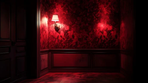 Red corner interior shows wall sconce lighting textured panels