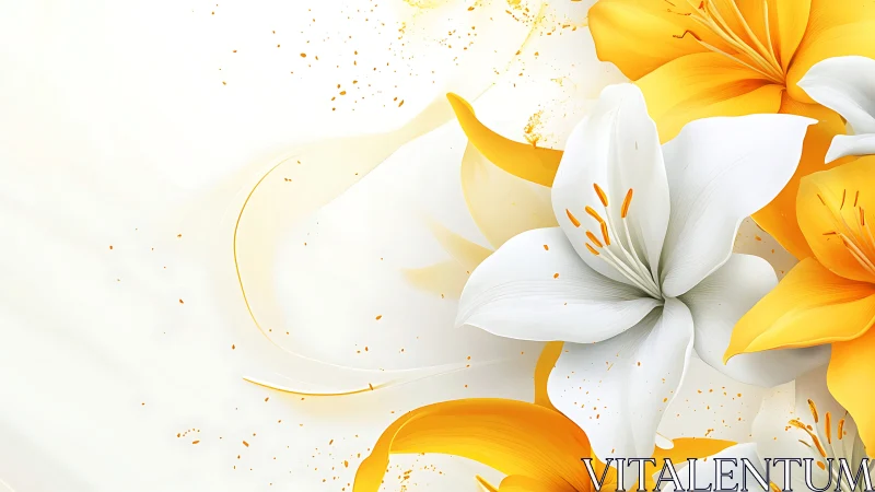 White lilies and golden flowers with luminous particle effects