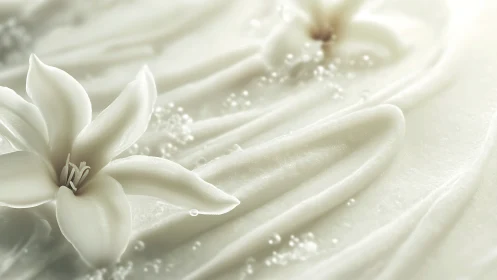 White flower resting on creamy textured liquid surface