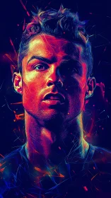 Neon electric portrait of intense male athlete face.