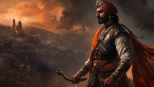 Warrior king overlooking burning fortress city at dusk.