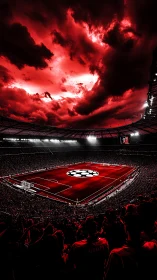 High-contrast football arena under dramatic red storm sky.
