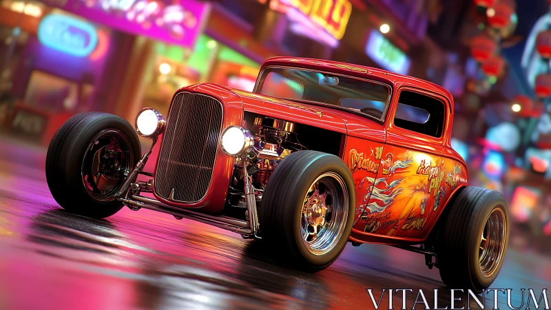 Red hot rod coupe stands on wet neon city street at night