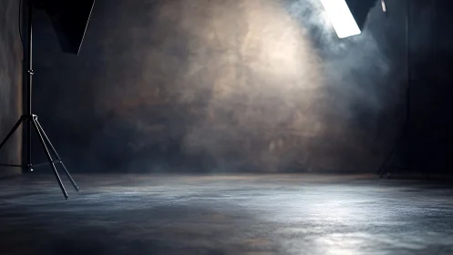 Empty photography studio with softbox lights and smoke haze.