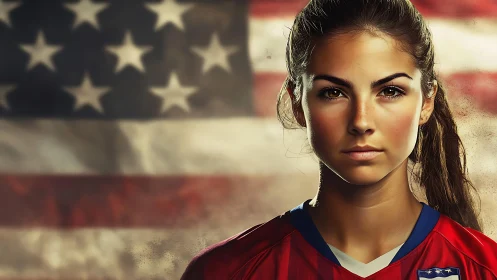 Intense young soccer player before blurred US flag backdrop.