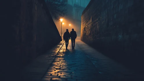 Two Friends Walking Through a Rainy Night Street Together