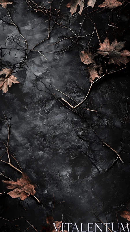 Dried maple leaves and tangled twigs on textured dark slate