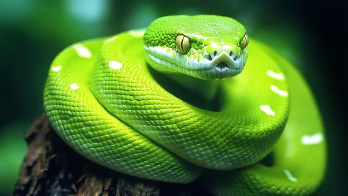 Green tree python coiled on branch in controlled lighting.