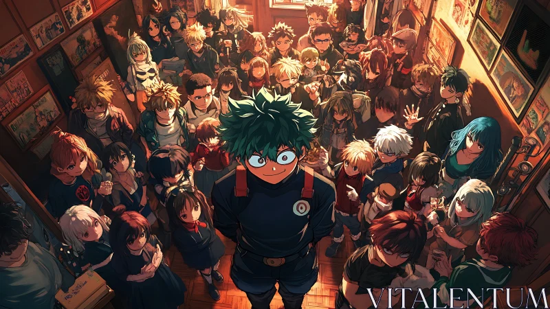 Heroic green-haired dreamer amid glowing anime crowd.