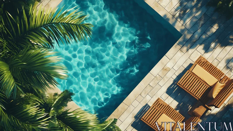 Tropical pool terrace with teak loungers and lush palm canopy.