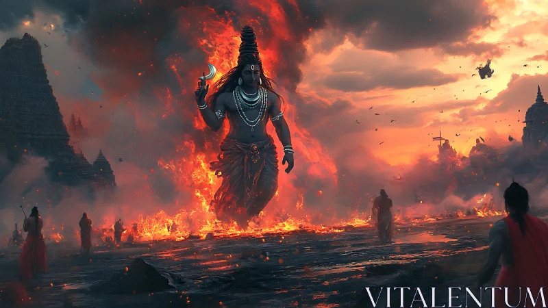 Colossal deity figure amid burning landscape and ruins.