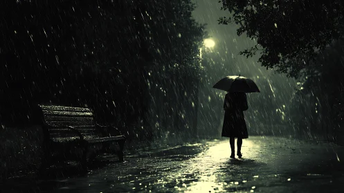 Solitary figure under umbrella in cinematic night rain.