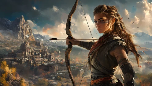 Warrior archer takes aim above a vast mountain citadel.