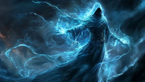 Hooded spectral figure generating blue arcane energy field.