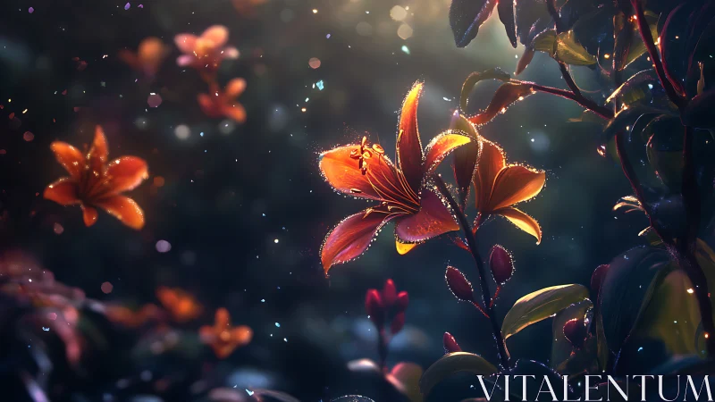 Luminescent Lilies with Bokeh: Deep Tonal Digital Rendering.