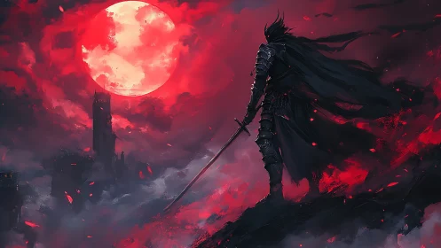 Armored warrior faces blood-red moon above ruined city