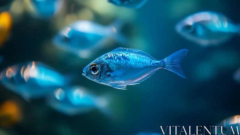 Shimmering blue fish glides gently through its calm ocean home