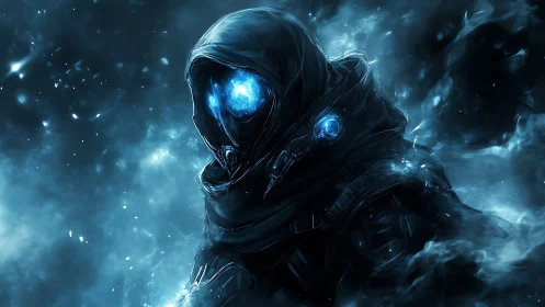 Hooded astral operative emerges amid luminous nebular haze