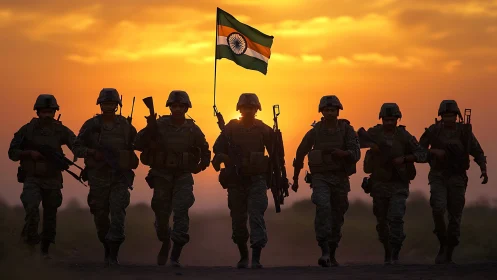 Indian soldiers walking in formation at sunset with flag.