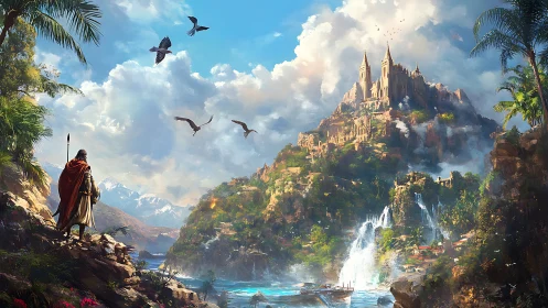 Lone traveler gazes toward a radiant cliffside fantasy kingdom