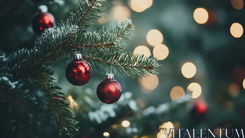 Red baubles on frosted fir branch with warm bokeh lighting