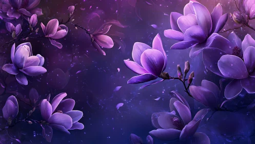Purple Magnolias Floating in Mystical Cosmic Space.