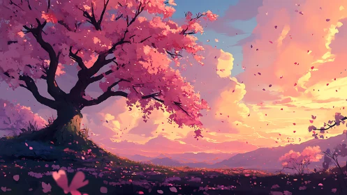 Large cherry tree stands on hill under vivid sunset sky