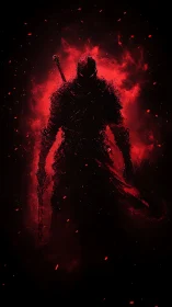 Shadowed flame knight emerging from a storm of red embers.