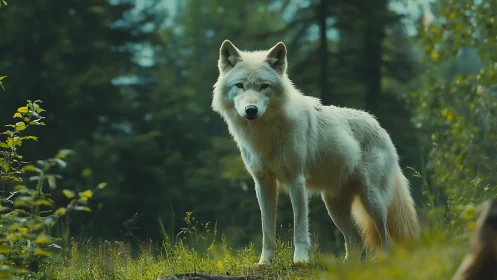 White wolf standing alert in dense green forest habitat.
