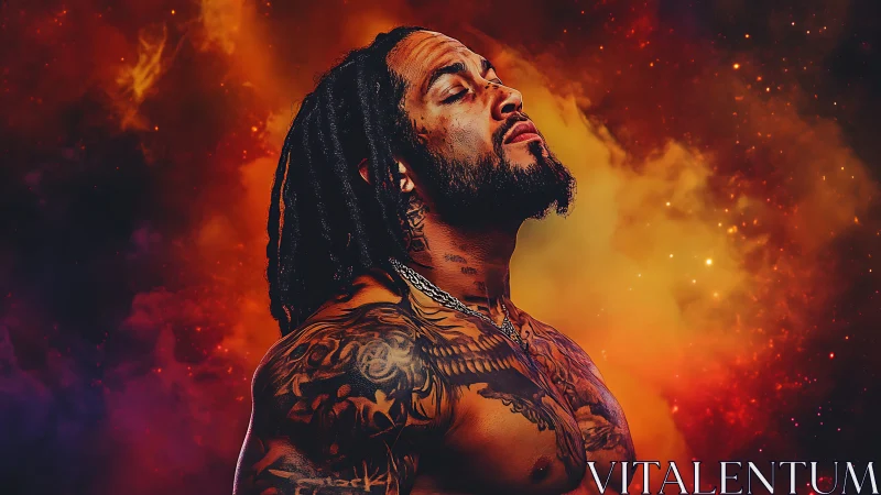 Tattooed man with dreadlocks before vivid nebula backdrop.