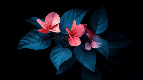 Pink Blossoms Against Deep Blue Foliage in Darkness