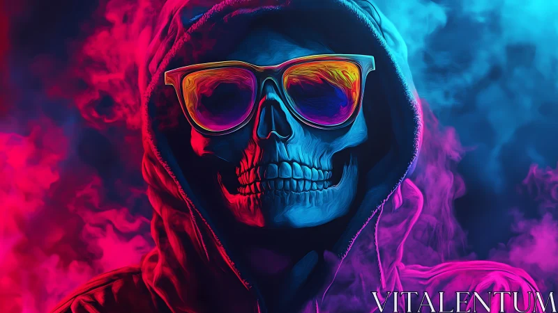 Neon hooded skull wears reflective sunglasses in vapor clouds