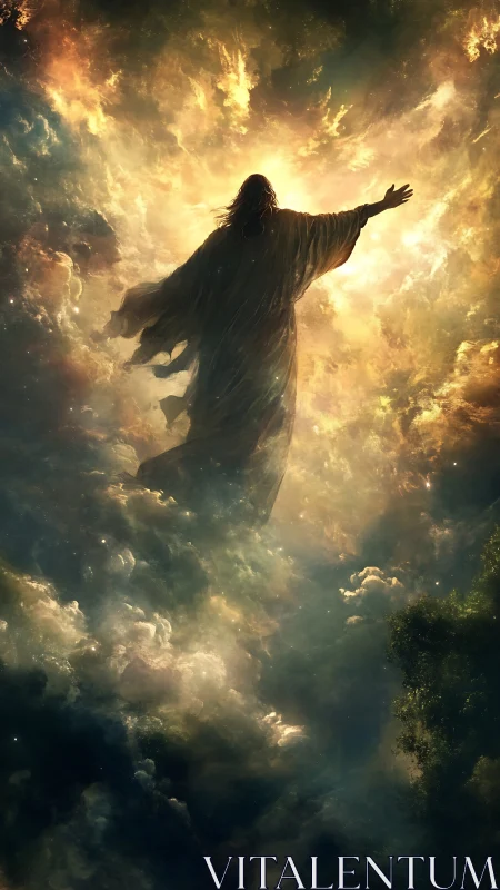 Silhouetted robed figure ascends through luminous storm clouds