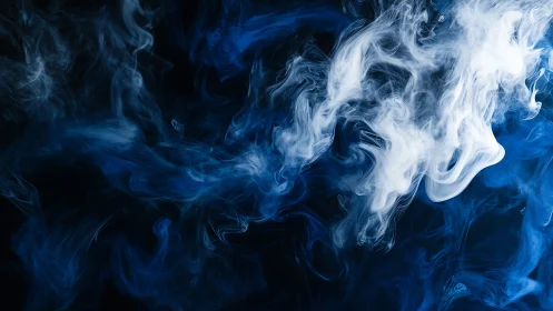 White and blue smoke plumes swirl across a dark background