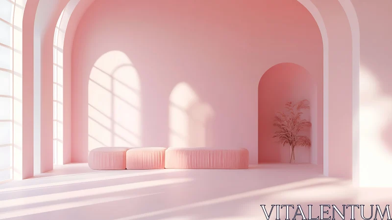 Minimalist Pink Interior: Arched Hallway with Monochromatic Seating