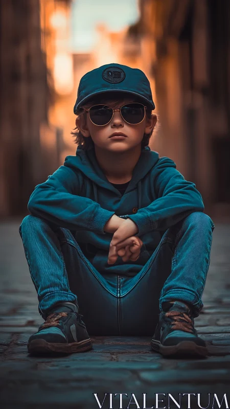Youth in blue apparel seated on urban pavement during golden hour