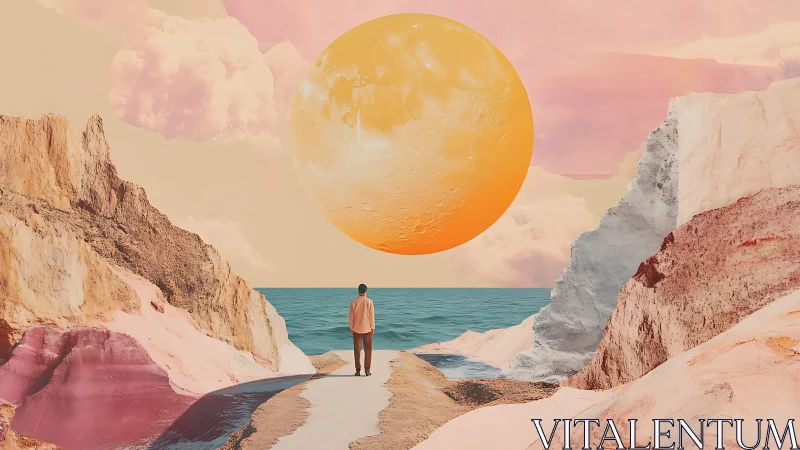 Surreal coastal wanderer gazes toward an enormous pastel sun