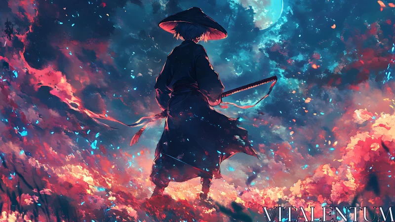 Lone samurai silhouette under luminous moonlit nebula sky