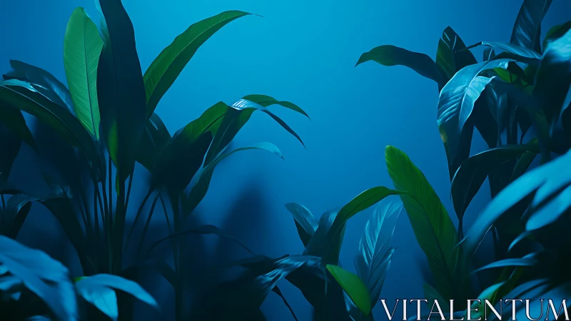 Lush tropical leaves glow softly in deep blue light.
