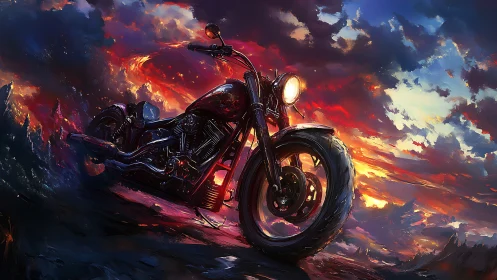 Midnight road warrior blazes through a painted firestorm sky