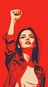 Defiant woman raising fist in bold red vector poster art.