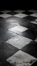 Chessboard shadows stretch across a wet tiled threshold