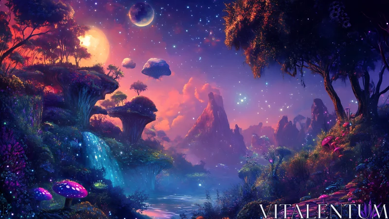 Bioluminescent alien valley under twin moons and neon sky.