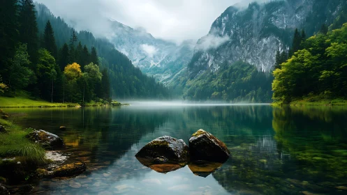 Mountain lake reflects conifer forest and mist covered slopes