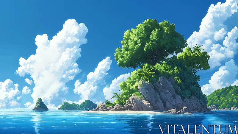 Tropical island with towering rock formation rising from clear blue ocean