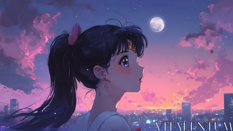 Daydreaming city girl under a glowing pastel twilight sky.