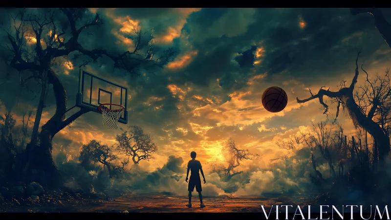 Lone player faces surreal court under burning storm sky.