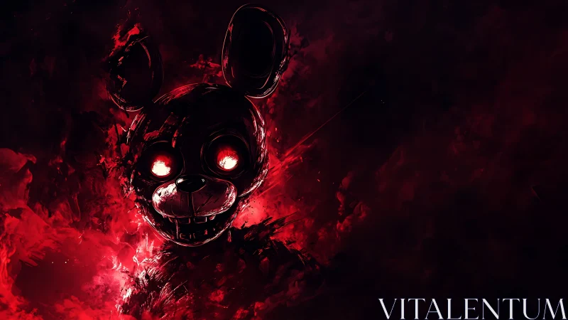 Red-lit stylized rabbit skull in dark abstract digital field.