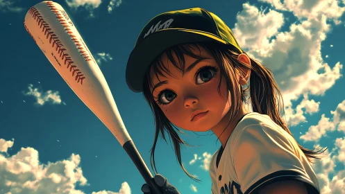 Intense anime batter poised under vivid summer clouds.