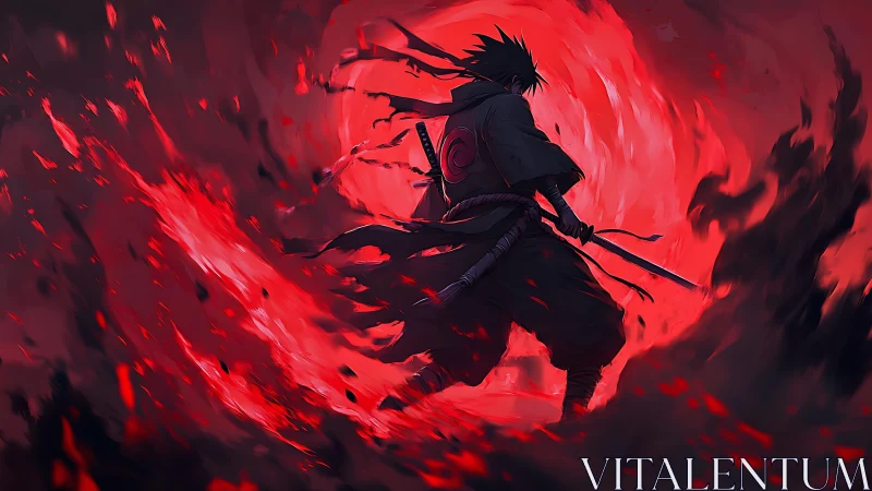 Anime swordsman surrounded by swirling red energy storm.